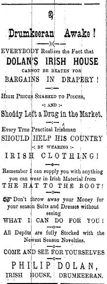 1904-drumkeeran-awake.png - 1904 - "Drumkeean Awake!'.  Advertisement for Dolan's Irish House.