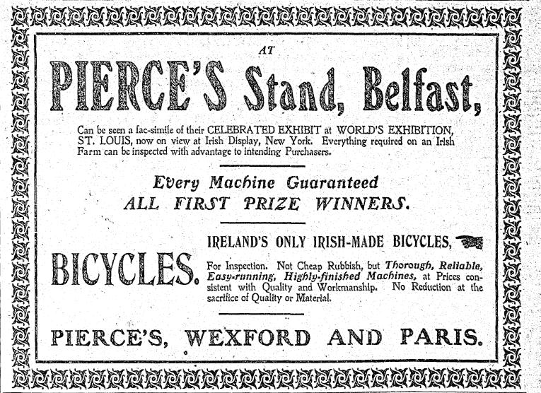 pierces_cycles_exford_1904.png - 1904 Advertisement for Pierce's Cycles, Wexford.