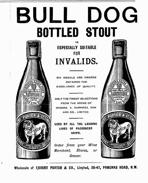 bull_dog_stout.jpg - Advertisement for Guinness aka 'Bull Dog Bottled Stout', for Robert Porter, Pancras Road.  From Hearth and Home (1896).