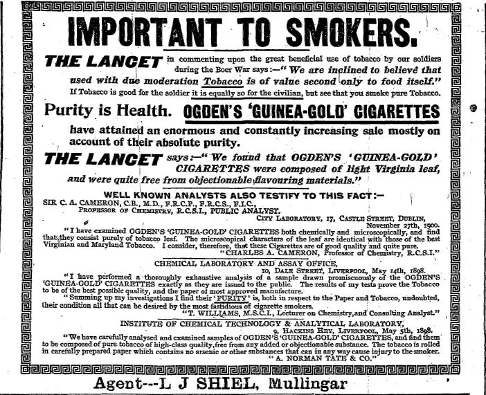 1900-ogdens.png - 1900 - 'Important to Smokers'. Ogden's Guineau Gold, Agent L. J. Shiel, Mullingar .