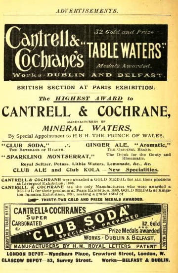 mineral-water.jpg - Advertisement for Cantrell and Cochrane's Table Waters, 'By Special Appontment to H.R.H.  Prince of Wales'. Taken from the flyleaf of Alice L. Milligan's The Life of Theobald Wolfe Tone (1798), 'published at the office of Shan Van Vocht', Belfast.