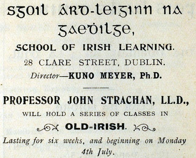 1904_Ad_for_Irish_Language.jpg - 1904. Advertisement for classes in "Old-Irish" From An Claidheamh Soluis  (The Sword of Light), The Gaelic League's Magazine.